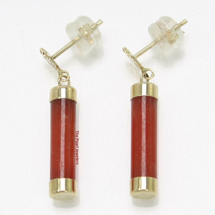 10% OFF- A Pair of 14k Solid Yellow Gold Blessing Dangle Tube Shaped Red Jadeite A Jade Stud Earrings TPJ