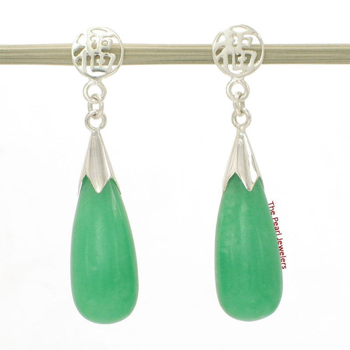 10% OFF- A Pair of Solid Sterling Silver 925 Good Luck Green Jadeite A Jade Dangle Stud Earrings TPJ