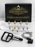 ICCCH 22-piece clinical cupping set: 12 clear cups in 4 sizes, pneumatic trigger pump, extension hose and black gold presentation box