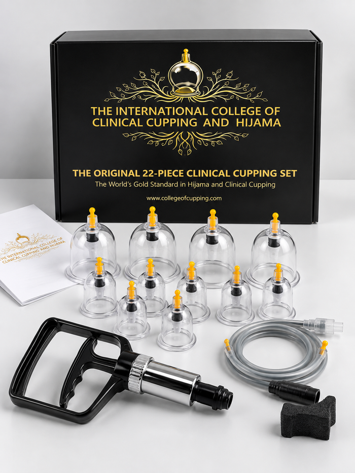 ICCCH 22-piece clinical cupping set: 12 clear cups in 4 sizes, pneumatic trigger pump, extension hose and black gold presentation box