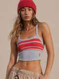 Grapefruit red and grey striped fitted cropped cami with scoop neck and crossed back straps