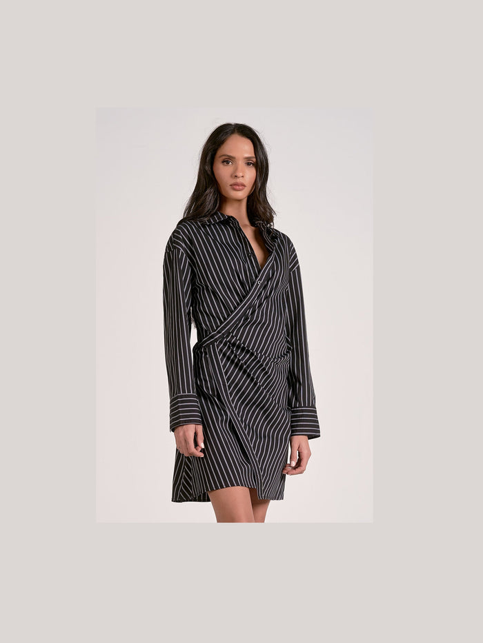 Black Pinstripe Crossover Dress