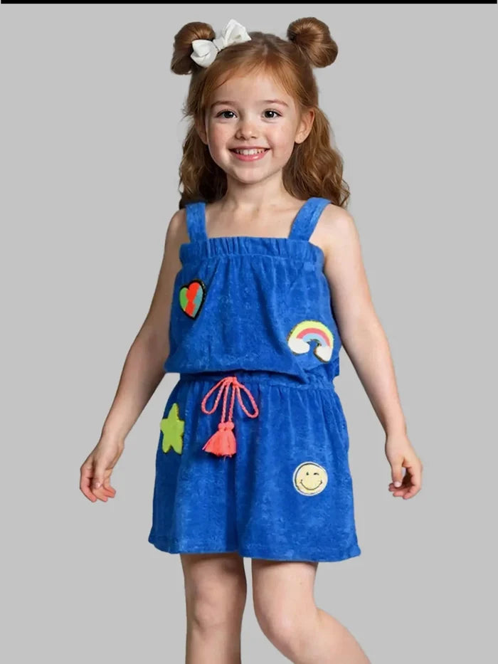 Blue Romper with Patch Trim