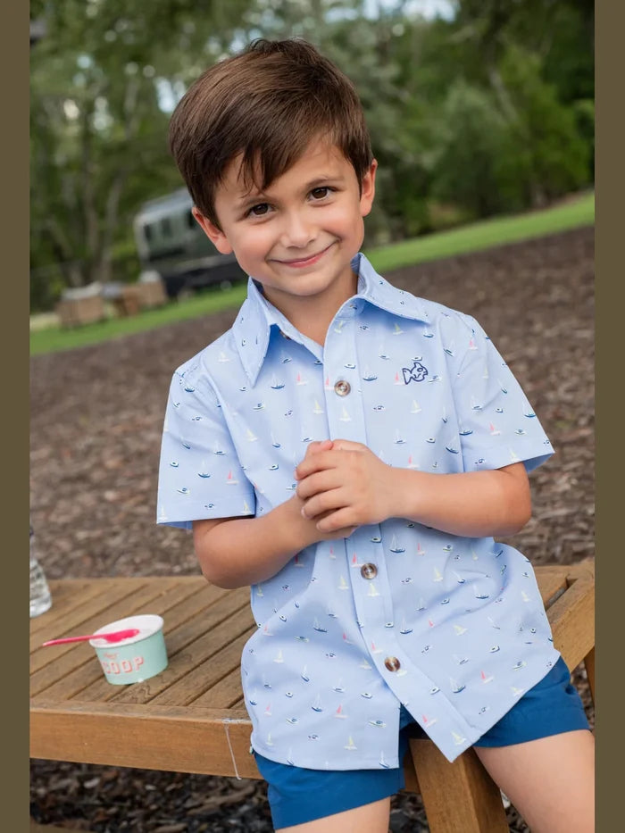 Boys Short Sleeve Button Down - Windsurfer Boats in the Bay