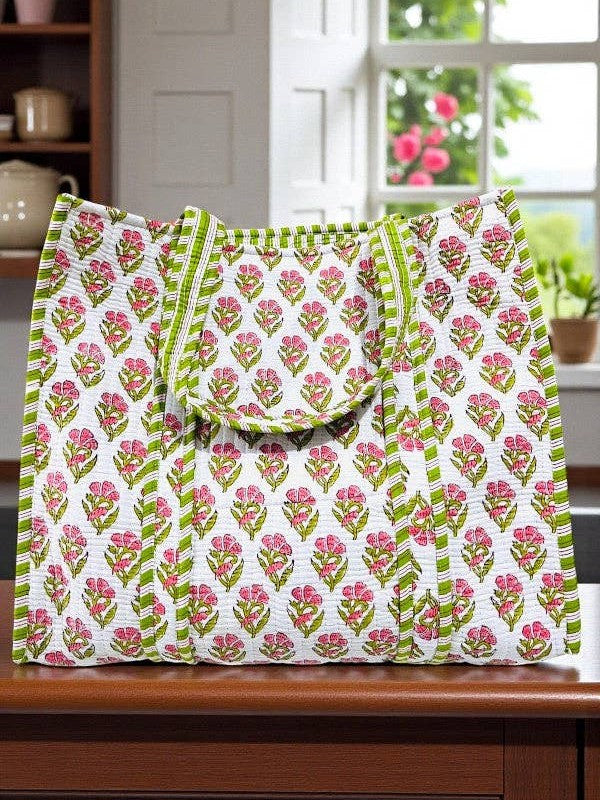 Brooke Green and Pink Floral Tote Bag