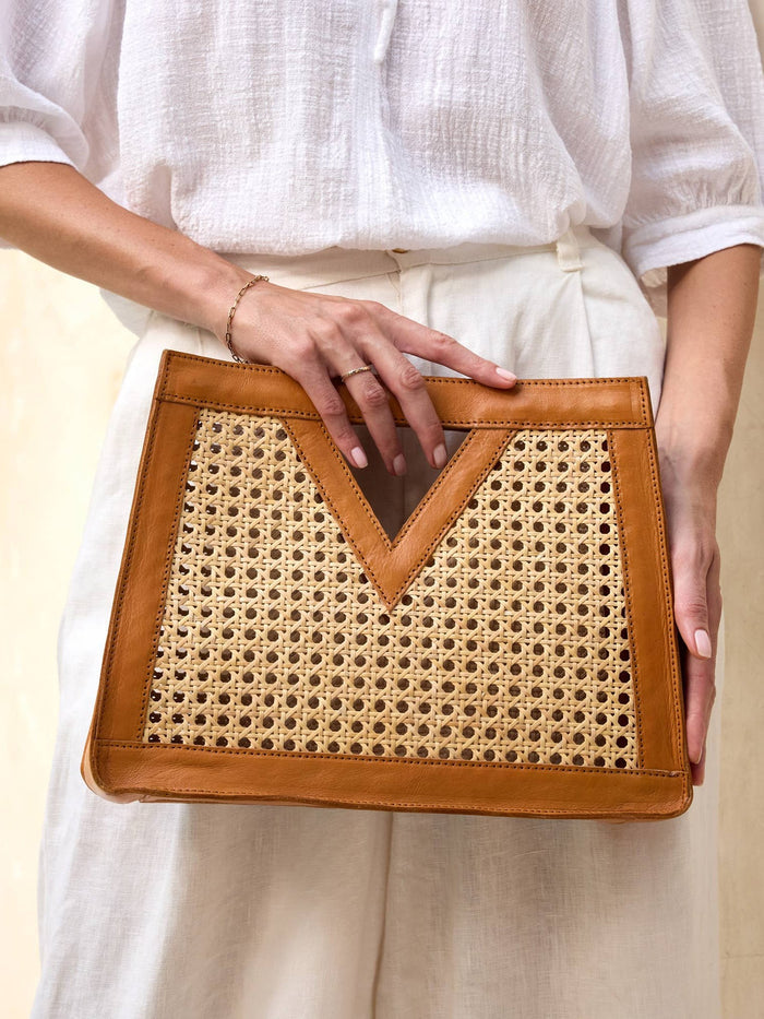 Brown Cane Weave Rattan Triangle Handbag