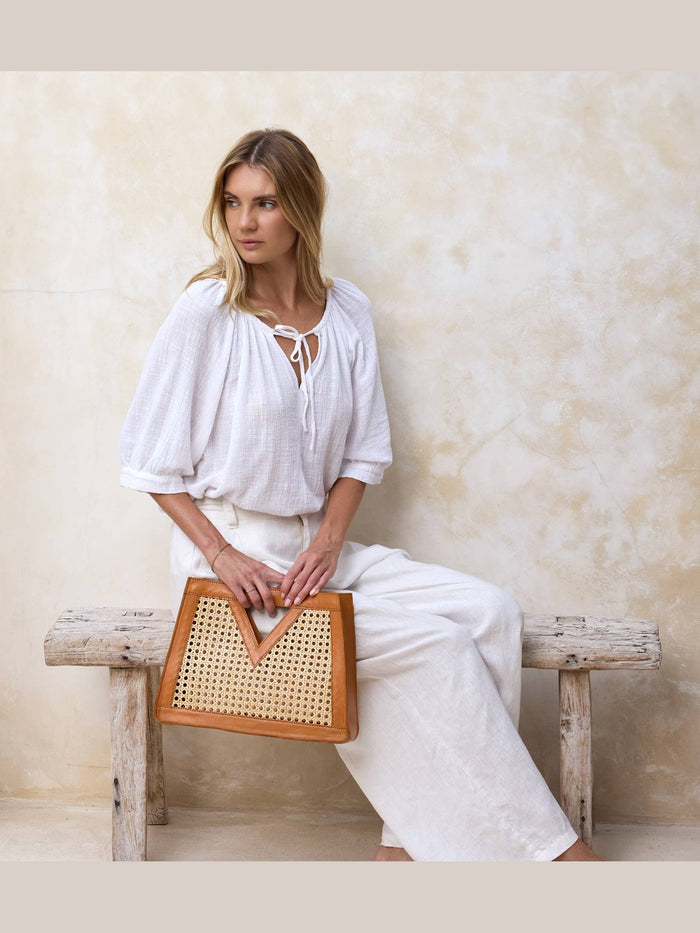 Brown Cane Weave Rattan Triangle Handbag