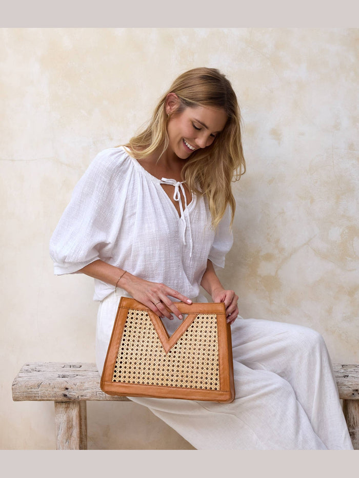 Brown Cane Weave Rattan Triangle Handbag