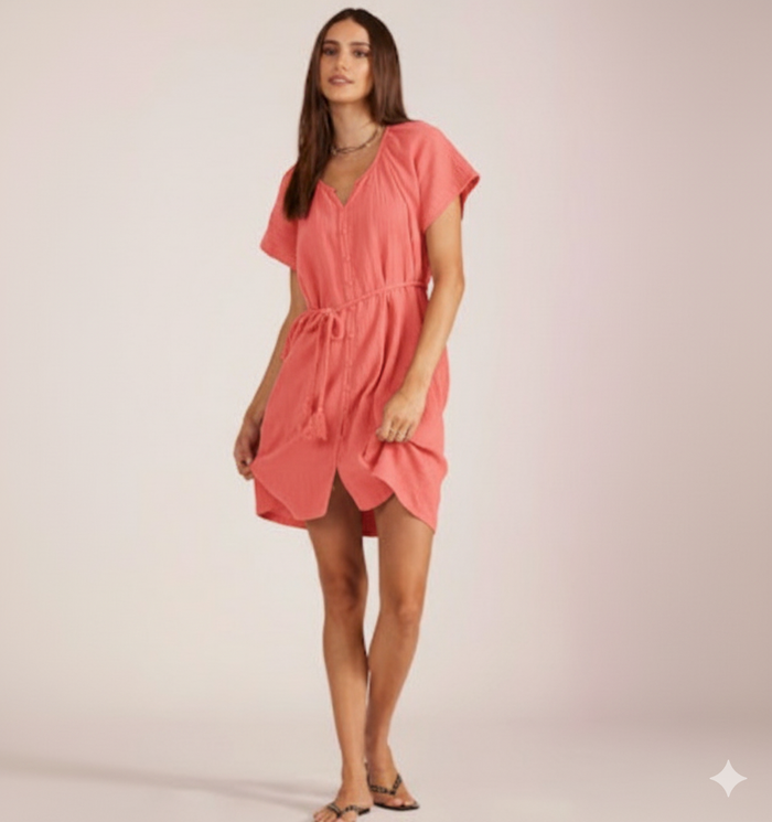 Button Front Belted Mini Dress - Hot Corals