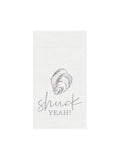 Coastal Shuck Yeah Kitchen Towel with embroidered oyster shell and text on white cotton