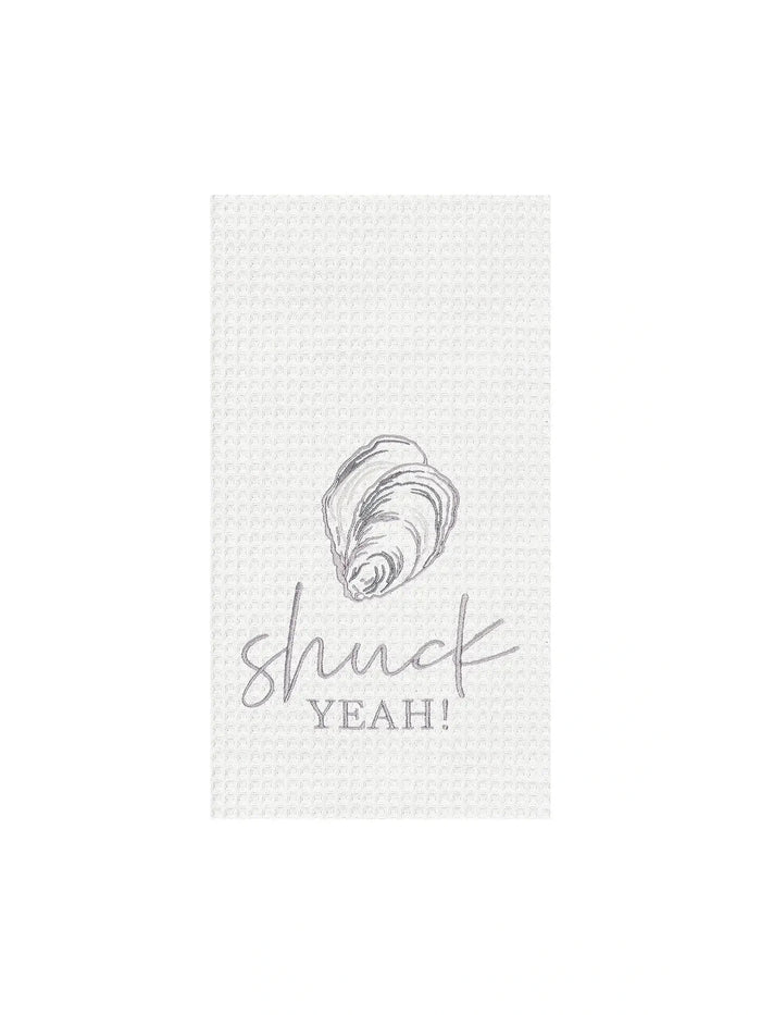Coastal Shuck Yeah Kitchen Towel with embroidered oyster shell and text on white cotton