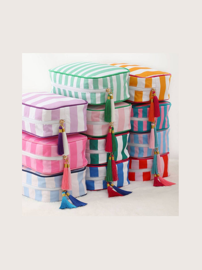 Color-Blocked Striped Pouch Bow Tassel Zipper Makeup Bag