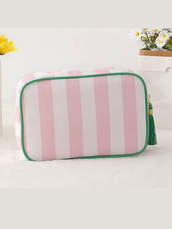 Color-Blocked Striped Pouch Bow Tassel Zipper Makeup Bag