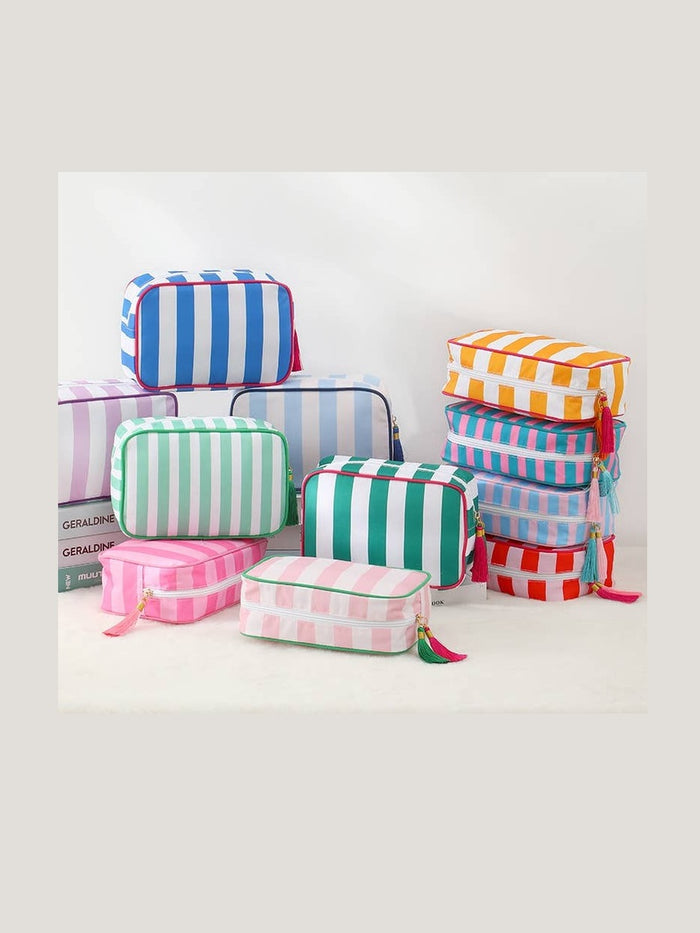 Color-Blocked Striped Pouch Bow Tassel Zipper Makeup Bag
