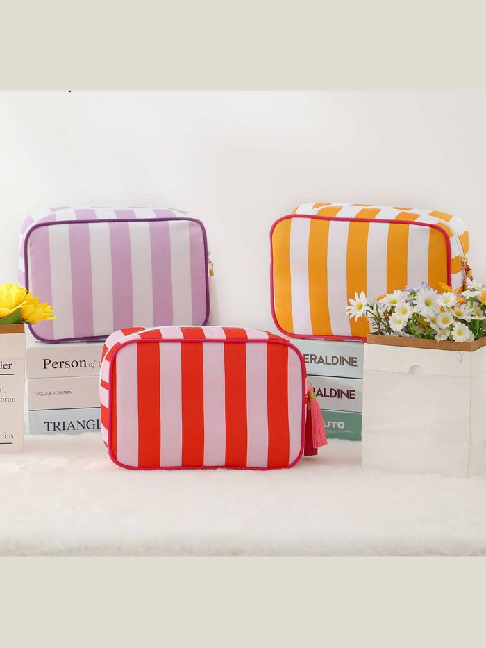 Color-Blocked Striped Pouch Bow Tassel Zipper Makeup Bag