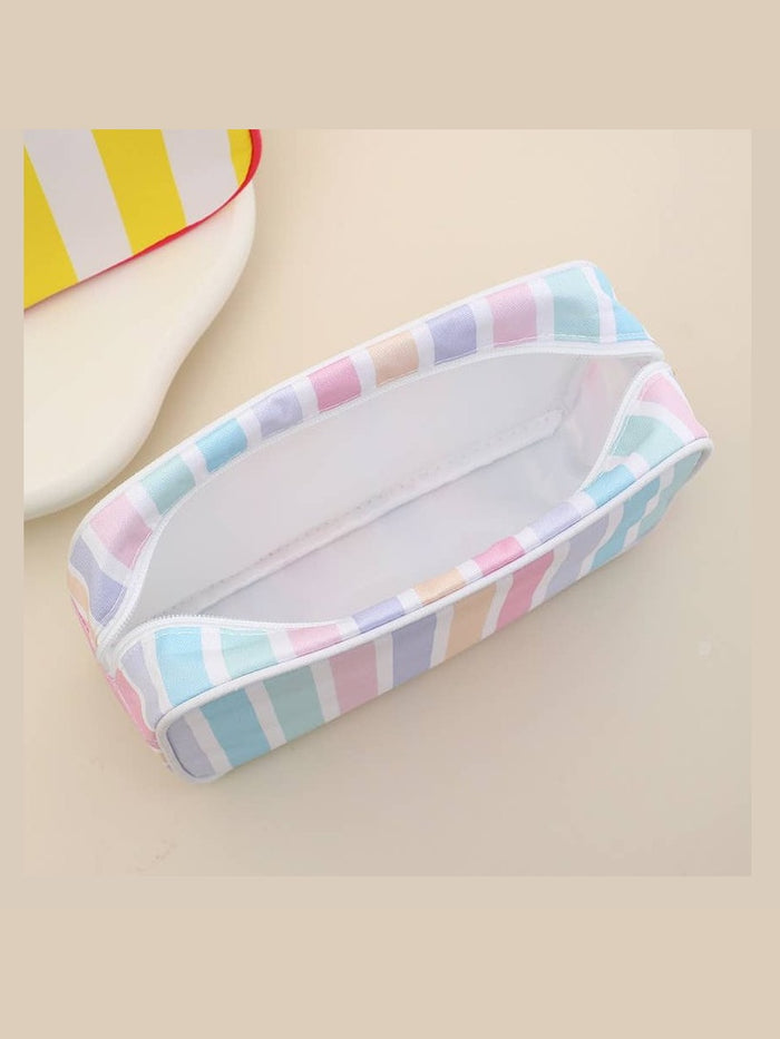 Color-Blocked Striped Pouch Bow Tassel Zipper Makeup Bag