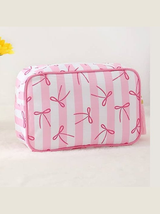 Color-Blocked Striped Pouch Bow Tassel Zipper Makeup Bag