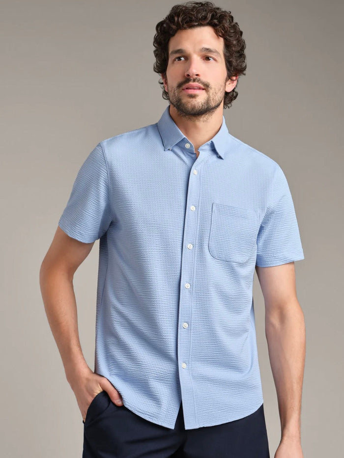 Light blue seersucker short sleeve button down shirt for men
