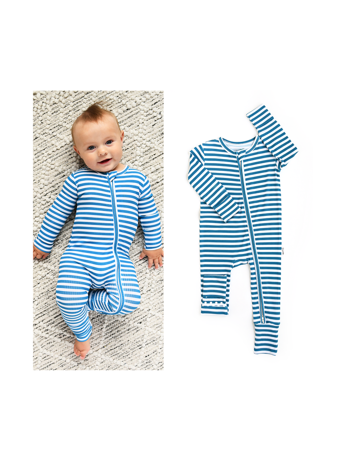 Cooper Blue Ribbed ZIP Bamboo Striped One Piece 2-Way Zipper