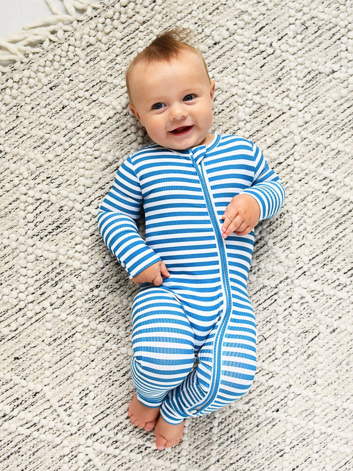Cooper Blue Ribbed ZIP Bamboo Striped One Piece 2-Way Zipper