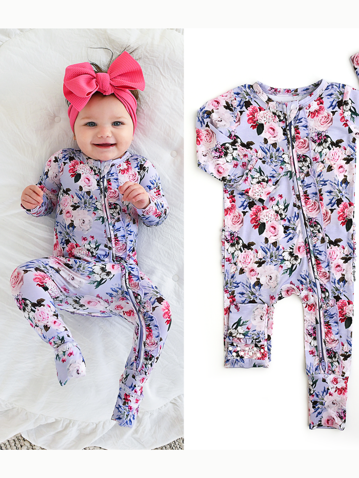 Emerson Floral Ruffle Zip Bamboo Baby Sleepies Little