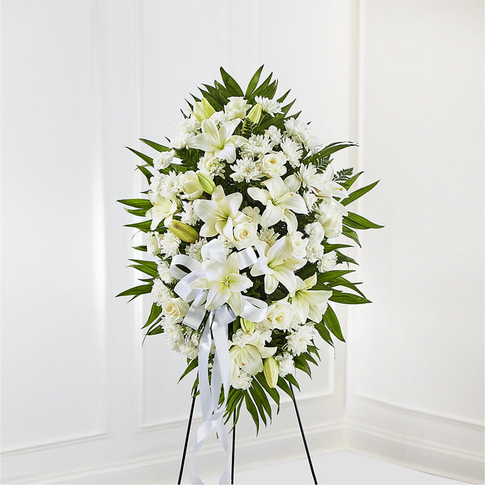 Exquisite Tribute Standing Spray-White Ribbon – BUEHLER'S FLORAL, Wooster OH