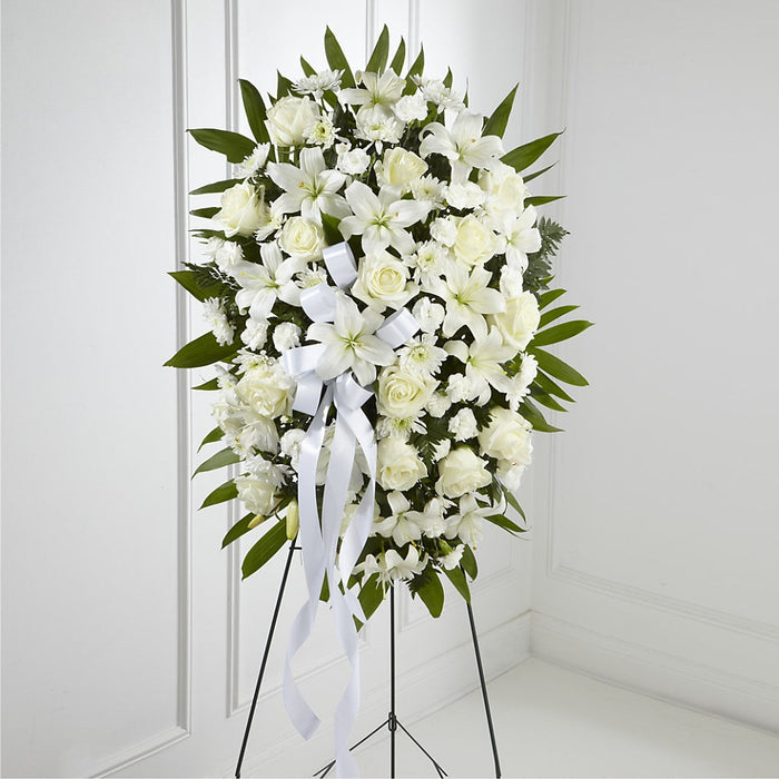 Exquisite Tribute Standing Spray-White Ribbon – BUEHLER'S FLORAL, Wooster OH