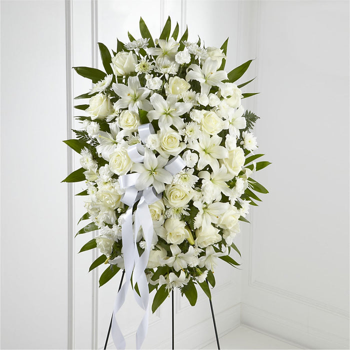 Exquisite Tribute Standing Spray-White Ribbon – BUEHLER'S FLORAL, Wooster OH