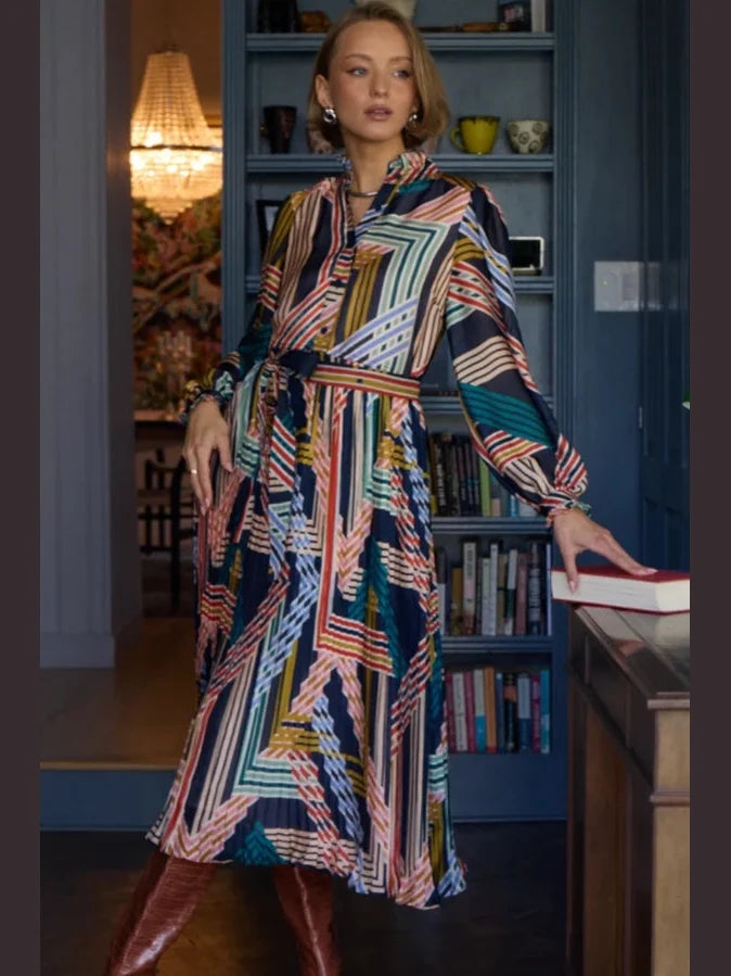 Geo Print Pleated Midi Dress