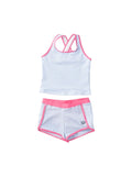 Girls blue seersucker tankini set with pink trim and racerback top