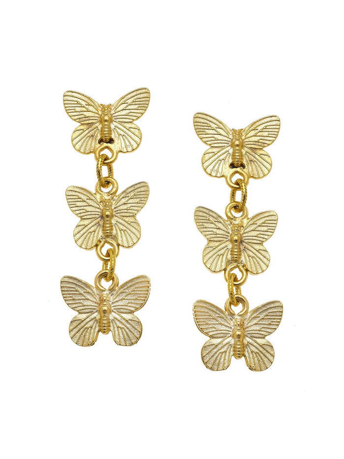 Gold Post Earrings with 3 Butterfly Drop