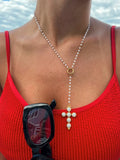 Lariat Pearl Necklace with Cross Drop