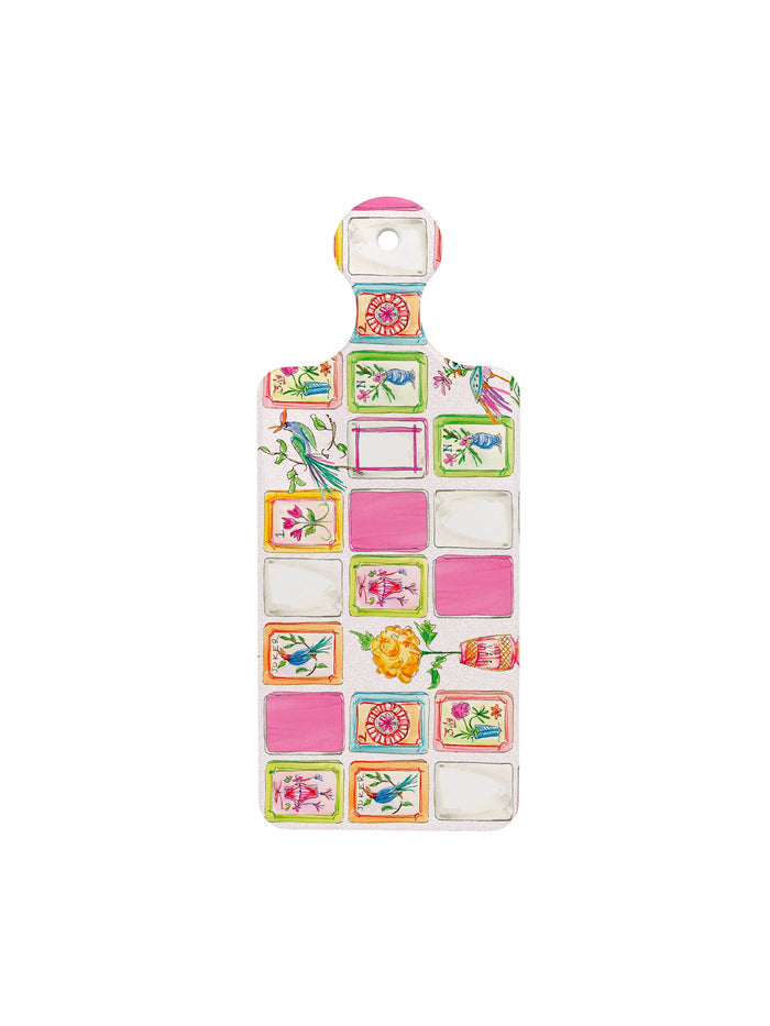 Mahjong Pink Ceramic CUTErie Board with colorful tile grid, peacock, and floral motifs