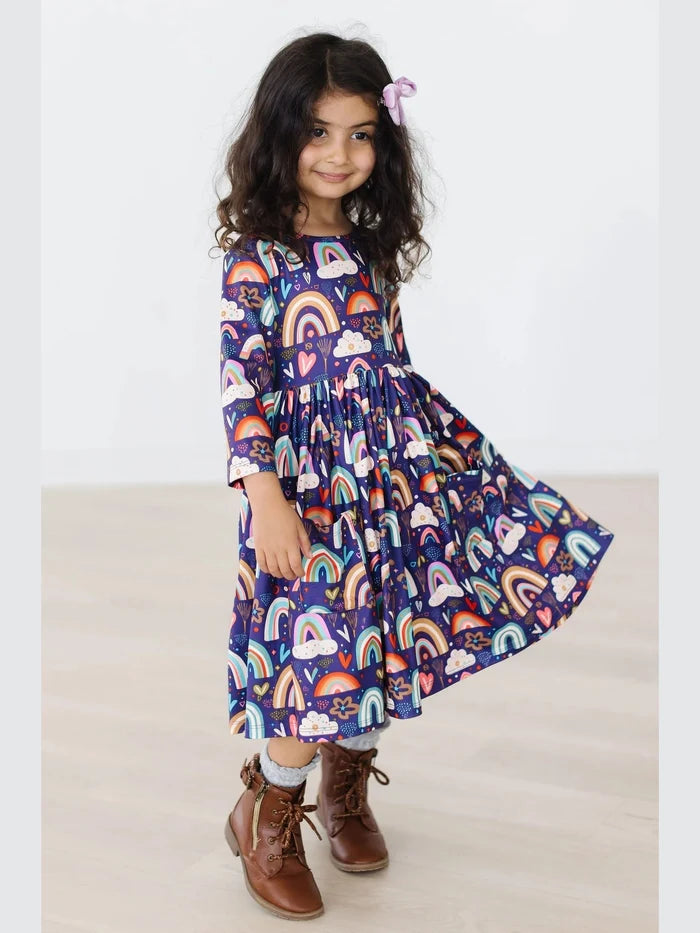 Midnight Rainbow 3/4 Sleeve Pocket Twirl Dress