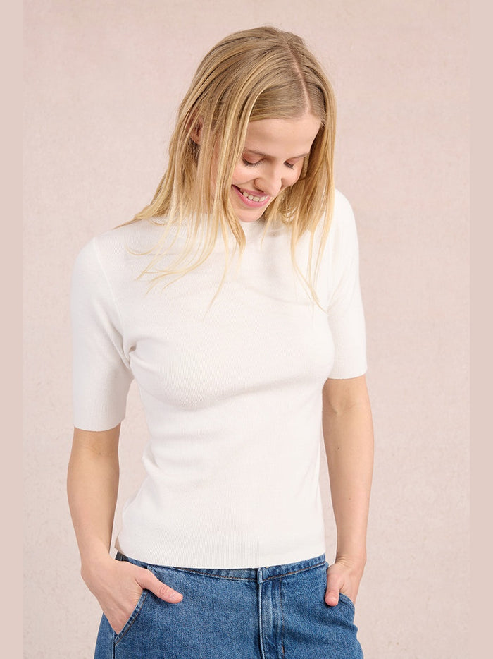 Mockneck Short Sleeve Sweater- Offwhite