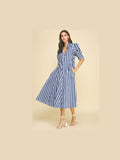 Navy Stripe V-Neck Midi Dress