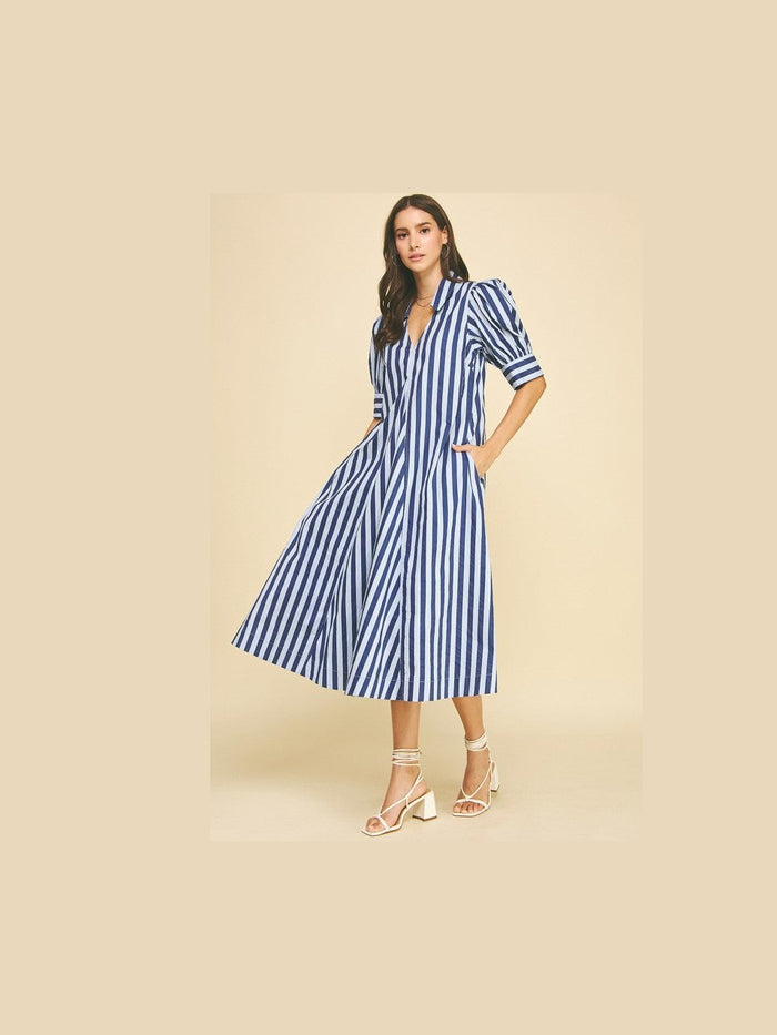 Navy Stripe V-Neck Midi Dress