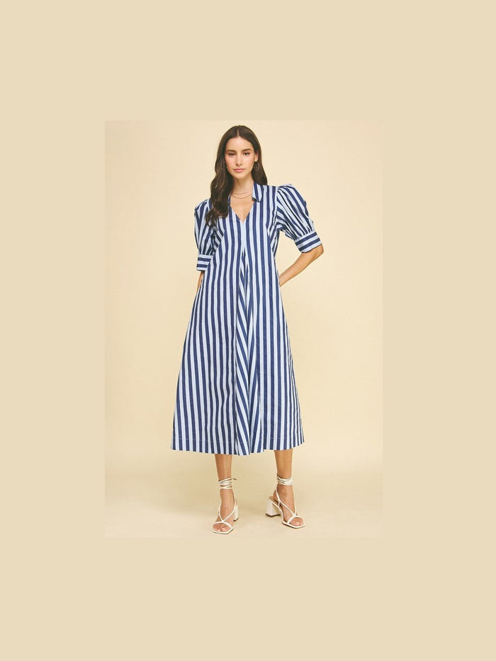 Navy Stripe V-Neck Midi Dress