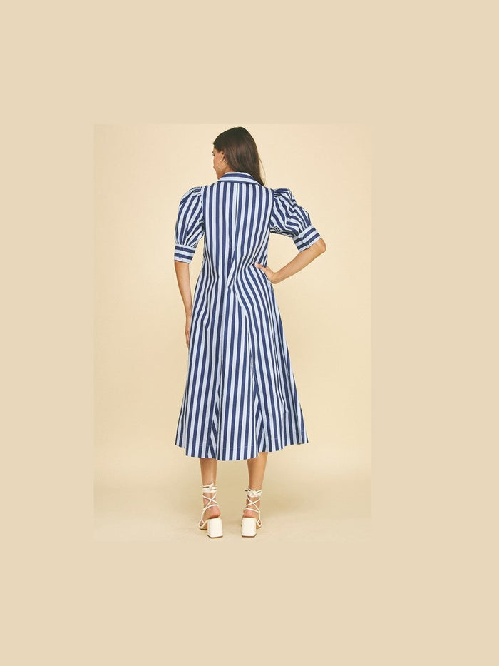 Navy Stripe V-Neck Midi Dress
