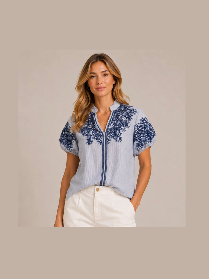 Navy Striped Puff Sleeve Top