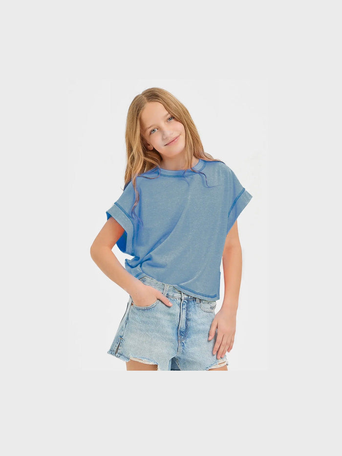 Girls denim blue open back tee with relaxed fit