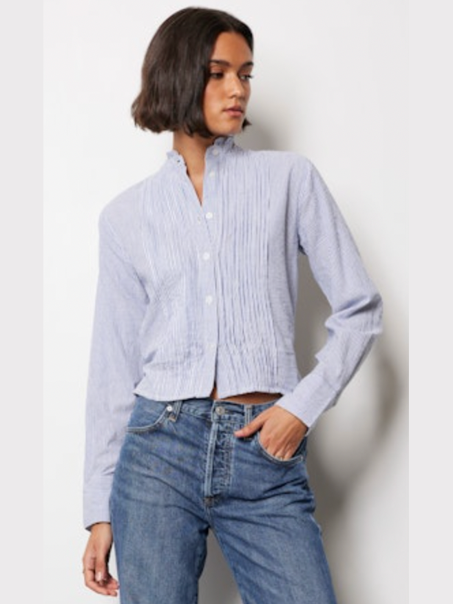 Pintuck Top w/ Back Belt - Blue Stripe