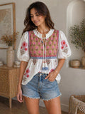 Puff sleeve floral pattern tassel top