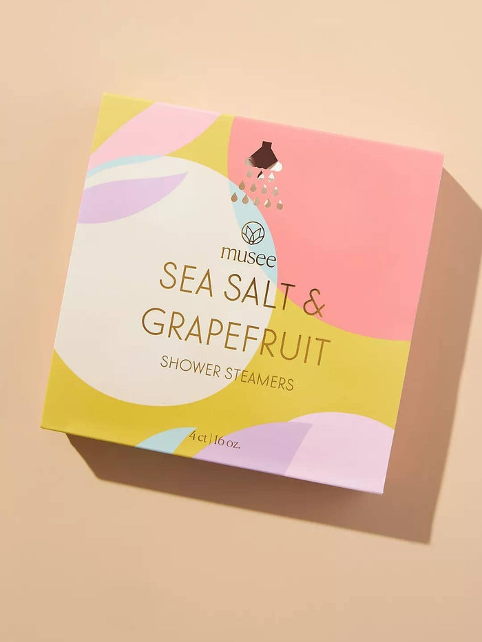 Top view of closed Musee Sea Salt and Grapefruit Shower Steamers box with abstract design