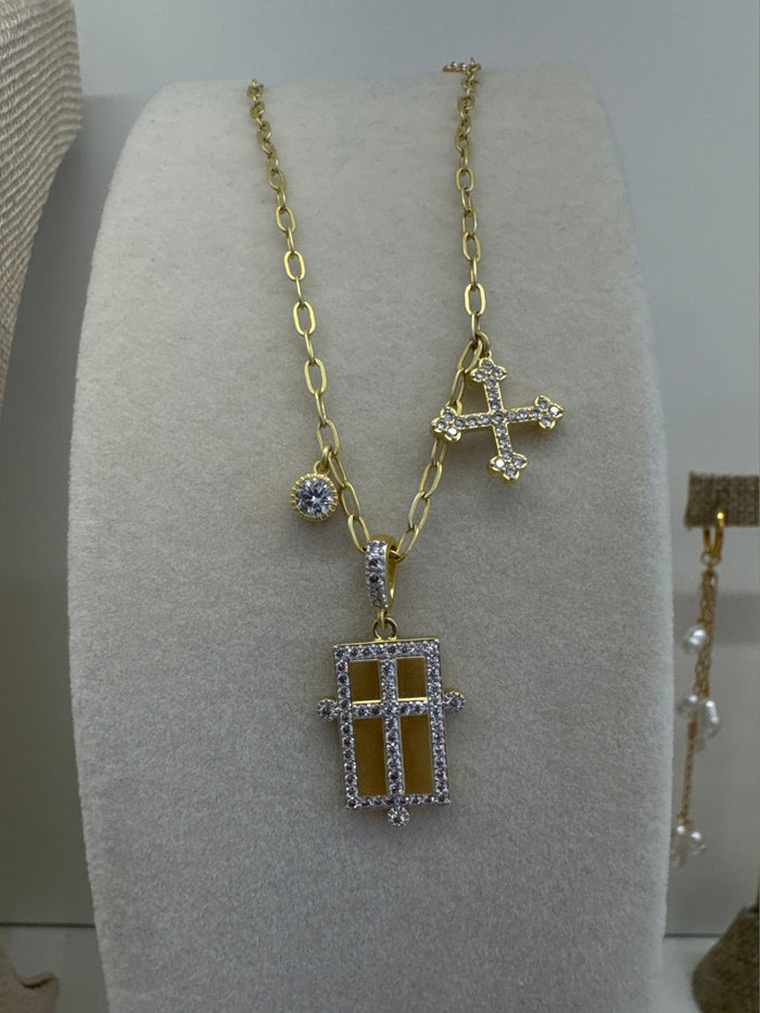 Silver and Gold Small Cross Pave Necklace