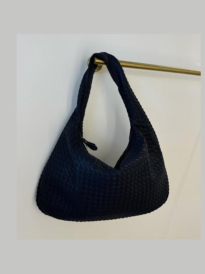 Navy blue basket-weave slouch bag with zipper detail