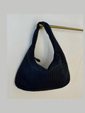Navy blue basket-weave slouch bag with zipper detail