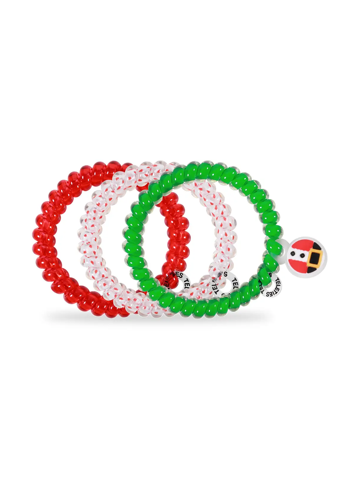 Red, green and clear spiral hair coils with Santa charm