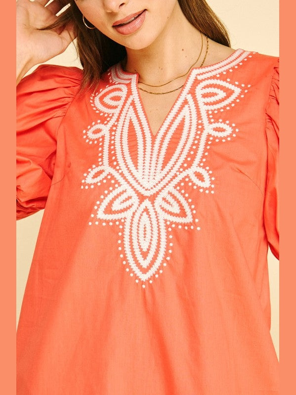 Sun Orange Embroidery Dress