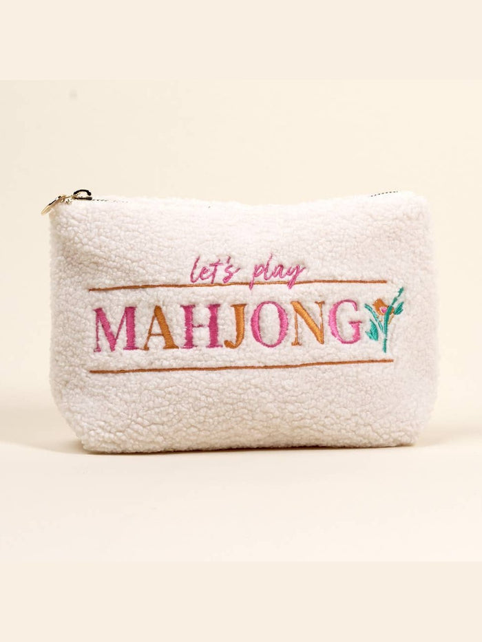Cream teddy mahjong pouch with pink embroidered text and gold zipper